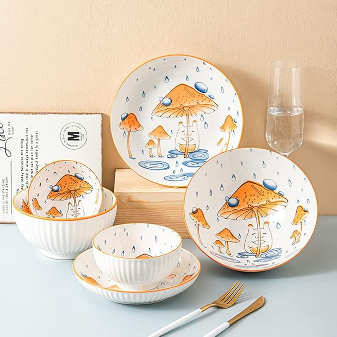 Cute Mushroom Pattern Ceramic Bowls Set Soup Bowls Dessert Bowls, 5 Inch, Set of 2