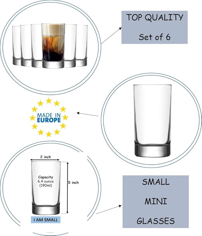 BOHEM'S Small Juice Glasses, Mini Clear Glass Cups Tumblers, Drinking Glassware for Orange Juice, Water, Milk, Coffee, Perfect for Tasting and Small Portions, Set of 6, (6.4 oz)