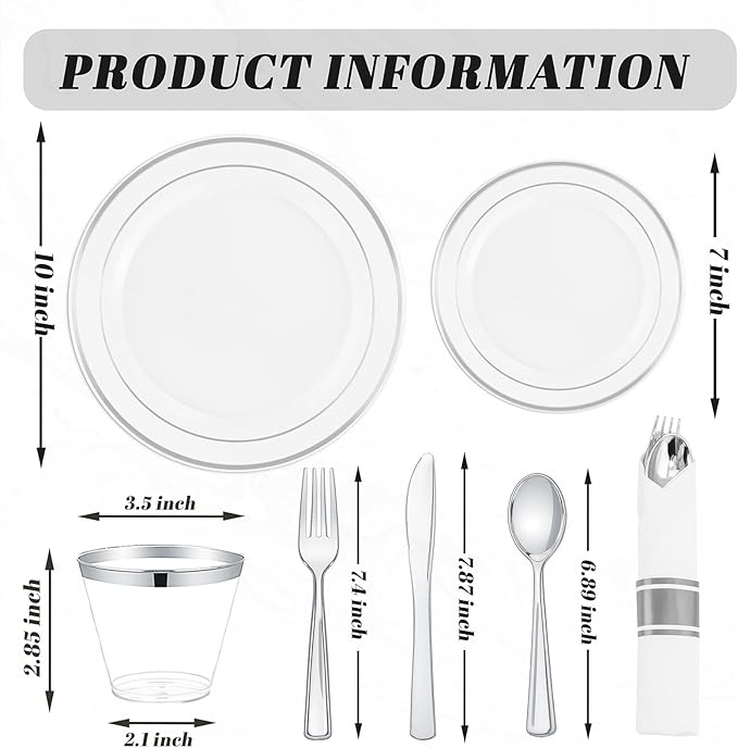 WDF Partyware 175PCS Sliver Plastic Plates - Silver Plates Disposable - White Plate with Silver Trim 25Guests Plastic Dinnerware Sets with Rolled Napkins for Wedding Baby Shower Spring Birthday