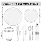 WDF Partyware 175PCS Sliver Plastic Plates - Silver Plates Disposable - White Plate with Silver Trim 25Guests Plastic Dinnerware Sets with Rolled Napkins for Wedding Baby Shower Spring Birthday