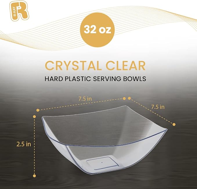 R-kay 6 Pack Square Plastic Serving Bowls - Clear Plastic bowls 32 Oz - Salad Bowls Large Serving, Premium Duty For Weddings Catering And Birthday parties