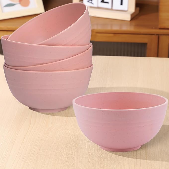 Unbreakable Wheat Straw Cereal Bowls Set of 4, 24 OZ Microwave and Dishwasher Safe Lightweight Soup and Salad Bowl Sets, Reusable Dessert Bowls for Rice, Pasta, Snack, Fruit, BPA Free (Pink)