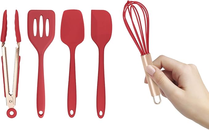 COOK WITH COLOR Silicone Cooking Utensils, Kitchen Utensil Set, Easy to Clean Silicone Kitchen Utensils, Cooking Utensils for Nonstick Cookware, Kitchen Gadgets Set, Mini, Red