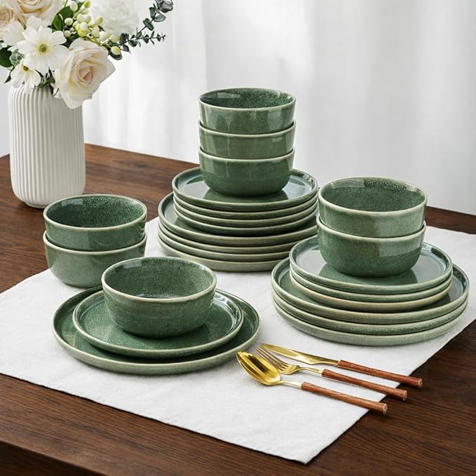 AmorArc Stoneware Dinnerware Sets for 4,Round Reactive Glaze Ceramic Plates and Bowls Set,Highly Scratch Resistant | Dishwasher & Microwave Safe Dishes Set,Service for 4 (12pc)