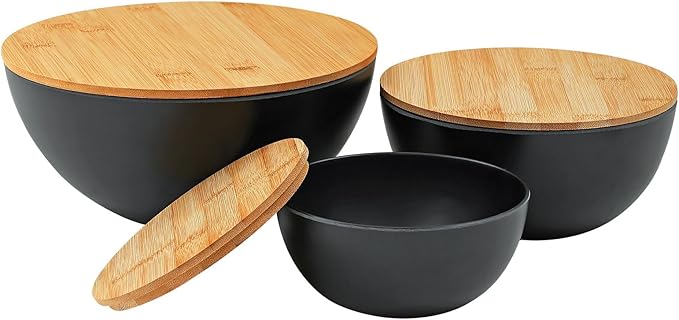 Sustainable Salad Bowls Set with Wooden Lids (3 Bowls + 3 Lids) – Eco-Friendly, Multi-Purpose Mixing and Serving Bowls for Kitchen, Food Prep, and Storage