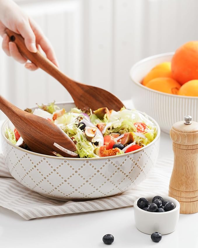 getstar Large Serving Bowls (9.5 inch & 92 fl oz), Ceramic Salad Bowl Set of 2, Microwave and Dishwasher Safe (Embossed Stripes)