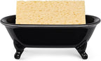 6.5" Ceramic Mini Decorative Clawfoot Bathtub Bar Soap Dish, Kitchen Sponge Holder and Shower Tray for Bathroom, 1 Pack (Black Silver Rim)