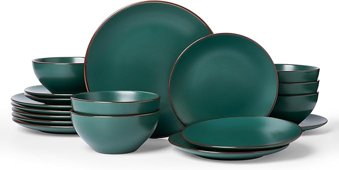 Famiware Venus 18-Piece Plates and Bowls Sets for 6, Stoneware Dinnerware Set with Trim, Modern Minimalist Dishes for Everyday & Formal Use, Chip Resistant, Microwave/Dishwasher Safe, Matte Dark Green