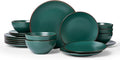 Famiware Venus 18-Piece Plates and Bowls Sets for 6, Stoneware Dinnerware Set with Trim, Modern Minimalist Dishes for Everyday & Formal Use, Chip Resistant, Microwave/Dishwasher Safe, Matte Dark Green