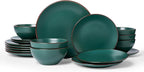 Famiware Venus 18-Piece Plates and Bowls Sets for 6, Stoneware Dinnerware Set with Trim, Modern Minimalist Dishes for Everyday & Formal Use, Chip Resistant, Microwave/Dishwasher Safe, Matte Dark Green