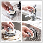 2Pcs Stainless Steel Wool Scrubber with Handle and 1 Pcs Dish Brush,Heavy Duty Pot Scrubbers Dish Scrubber Cleaning Brush Wash for Kitchen Pots, Grills, Pans, Sink (1+2)