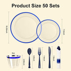 BESTSTAR 350PCS Clear and Blue Disposable Plates Set for 50 Guests, 100 Plastic Plates, 50 Cups, 50 Pre-Rolled Napkins with Plastic Cutlery for Graduation Party, Birthday, Thanksgiving, Christmas