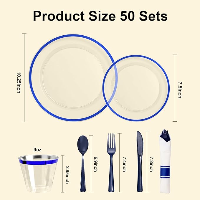 BESTSTAR 350PCS Clear and Blue Disposable Plates Set for 50 Guests, 100 Plastic Plates, 50 Cups, 50 Pre-Rolled Napkins with Plastic Cutlery for Graduation Party, Birthday, Thanksgiving, Christmas