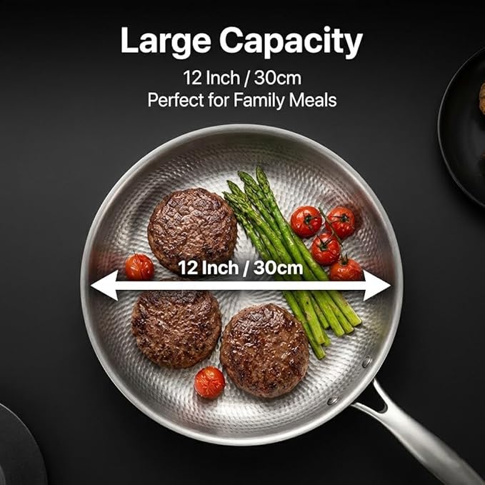 Titanium Frying Pan with Lid, 12" Uncoated Hammered Skillet for Cooking, PFAS/PFOA/PTFE Free Nonstick Cookware, Scratch Resistant, for Induction & Gas, Oven, Dishwasher Safe, Fine