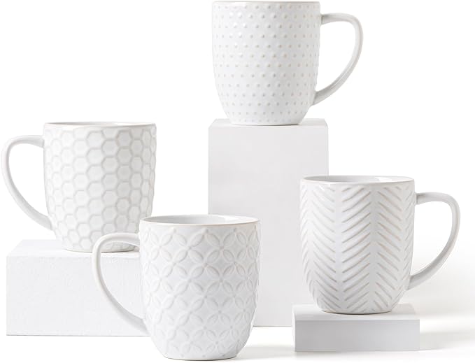 FOBENTA Ceramic Coffee Mugs Set of 4, 16 oz Coffee Cups with Embossed Design – Perfect for Latte, Tea & Cocoa, Gift for Women, Mom & Friends