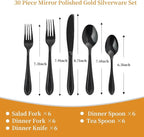 Black Silverware Set, 30-Piece Stainless Steel Flatware for 6, Heavy-Duty 18/0 Stainless Steel Utensils,Mirror Polished Dishwasher Safe for Home & Kitchen Dining