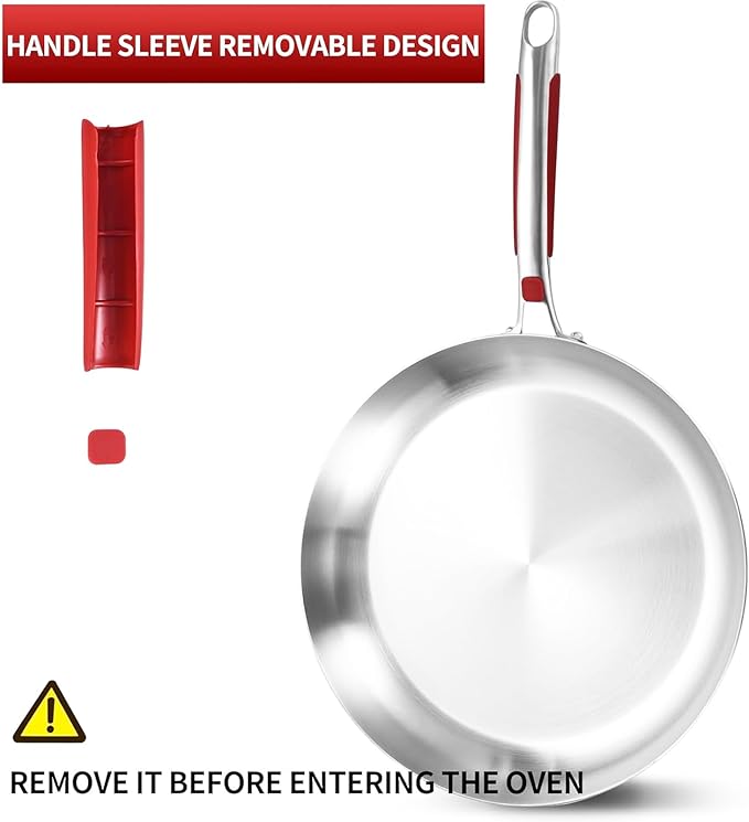 Inqibee 10 Inch Tri-Ply Stainless Steel Frying Pan with Lid, Skillet, Induction Cooking Pan, Heavy Duty and Dishwasher Safe, Detachable Handle