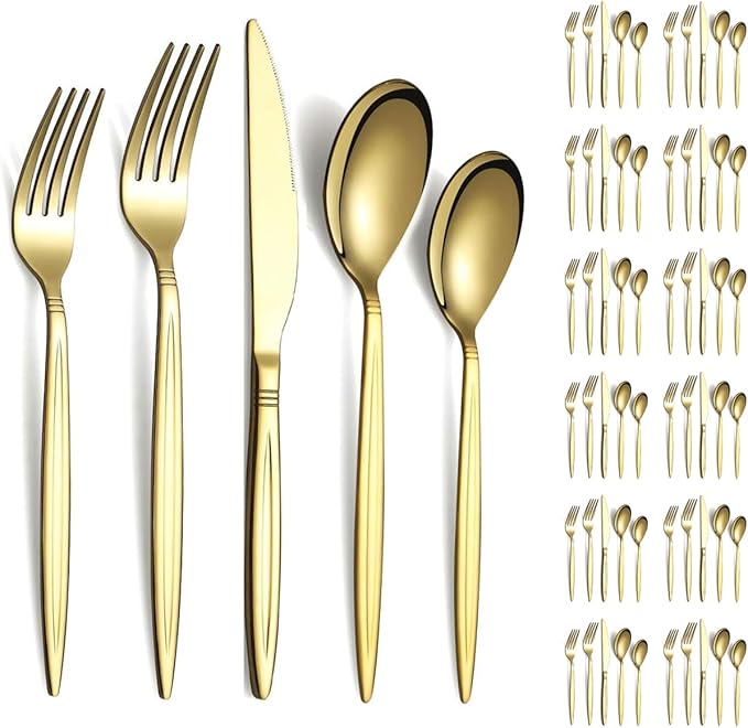 Evanda Gold Silverware Set 60 Piece Service for 12, Titanium Gold Plated Stainless Steel Modern Flatware Set, Knives Forks Spoons Set for Wedding, Parties, Birthday, Restauroom, Dishwasher Safe