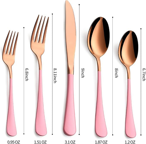20-Pieces Rose Gold and Pink Silverware Sets for 4,Pink Handle Stainless Steel Cutlery Set, Include Forks Spoons and Knives Set, Dishwasher Safe Utensil Sets for Home Restaurant