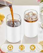 sungwoo Glass Cups with Lids and Straws, 4 Pack 16OZ Iced Coffee Cups with Silicone Sleeve, Glass Tumbler with Straw and Bamboo Lid, Home Essential Drinking Set for Juice, Cocktail and Latte White