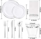 WELLIFE 700 Pieces Silver Plastic Dinnerware Set for 100 Guests - Includes Plates, Cups, Napkins, and Disposable Cutlery - Elegant White & Silver Design, Perfect for Parties and Events