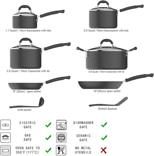Amazon Basics Hard Anodized Non-Stick 12-Piece Cookware Set, Pots, Pans and Utensils, Black