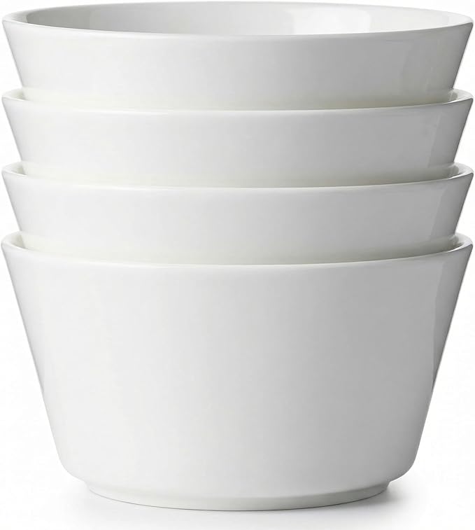 Bone China Soup Bowls Set of 4, 29oz Lightweight Cereal Bowls, 6 inch White Modern Conical Shape for Salad Oatmeal Pho Ramen Pasta, Stackable Deep Design, Microwave Dishwasher Safe