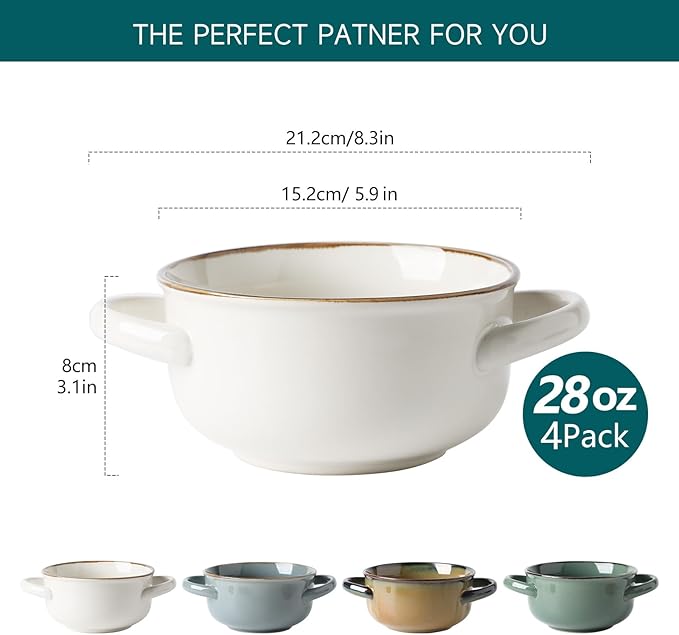 MONITO Ceramic Salad Bowl with Handles, 28 oz French Onion Soup Bowls, Ceramic Soup Bowls for Cereal, Pasta, Chilli, Beef Stew, Stackable Serving Bowl Set of 4 (28 OZ)