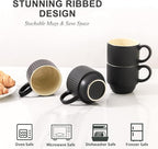 Hasense Black Coffee Mug Porcelain Set of 4 with Rack - 12 oz Stackable Coffee Cups Ceramic, Modern Ribbed Latte Cup Sets for Cappuccino, Tea, Espresso, Hot Cocoa, Drinks - Dishwasher & Microwave Safe