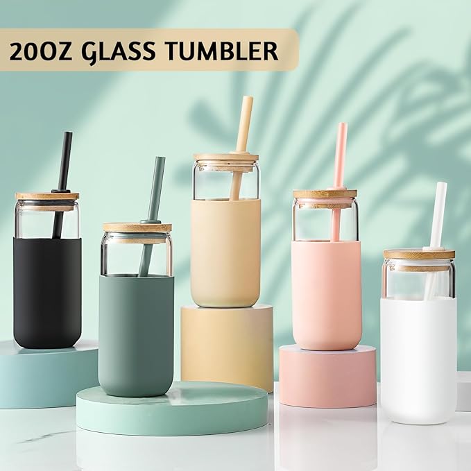 VITEVER 20 OZ Glass Cups with Bamboo Lids and Straws - Beer Can Drinking Glasses with Silicone Protective Sleeve Set, Iced Coffee Glasses, Cute Tumbler Cup for Water, Tea, Gift - Pink, Amber