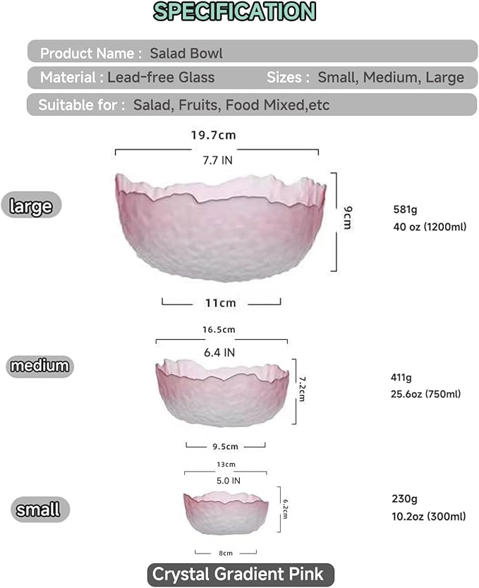 Glass Salad Bowl Irregular Lotus Flower Shape Serving Bowls, Mixing Nut Bowls for Kitchen Fruist, Snack, Dessert, and Ice Cream Candy Dishes (Crystal Gradient Pink, Large)