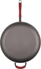 Rachael Ray 87631-T Cucina Hard Anodized Nonstick Skillet with Helper Handle, 14 Inch Frying Pan, Gray/Red