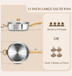 KOCH SYSTEME CS Stainless Steel Saute Pan 12 Inch, 6 Quart Deep Frying Pan with Lid, 18/10 Stainless Steel Saute Pan with Cool-Touch Bakelite Handle, Deep Fry Pan, Induction Ready
