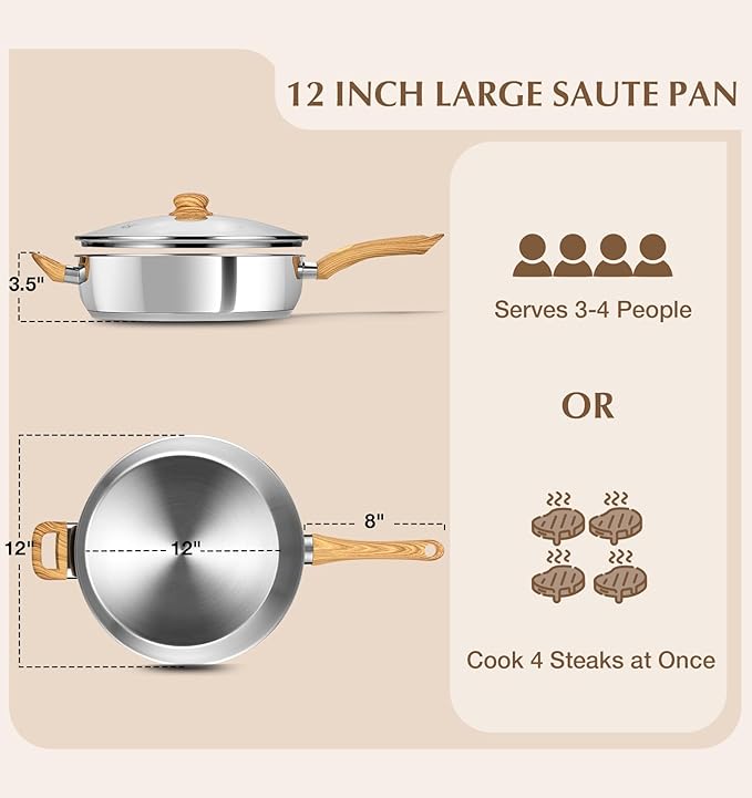 KOCH SYSTEME CS Stainless Steel Saute Pan 12 Inch, 6 Quart Deep Frying Pan with Lid, 18/10 Stainless Steel Saute Pan with Cool-Touch Bakelite Handle, Deep Fry Pan, Induction Ready