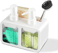 Kitchen Soap Dispenser Set, with Hand and Dish Soap, Sponge Caddy and Brush Holder 4-in-1 Kitchen Dual Soap Dispenser Set for Kitchen Sink, Bathroom - White