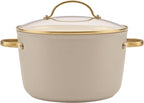 Farberware Forged Induction Ceramic Nonstick Pots and Pans Set with Cooking Tools, Dishwasher Safe, Gold Color Stainless Steel Handles, 12 Piece Cookware Set - Taupe