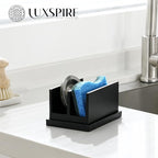 Luxspire Kitchen Sponge Holder for Sink, Dish Sponge Holder with 2 Compartments, Sponge Caddy for Kitchen Sink Counter, Sponge Holder with Drain Tray, Matte Black