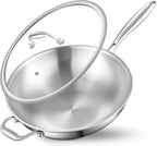 DELARLO Woks & Stir-Fry Pans, 13 in Stainless Steel Pan with Lid, With Side Ear, Large Cooking Surface, Tri-Ply Stainless Steel Wok Pan, 3 Layer Stainless Steel Saute Pan, Works on Induction, 600℉