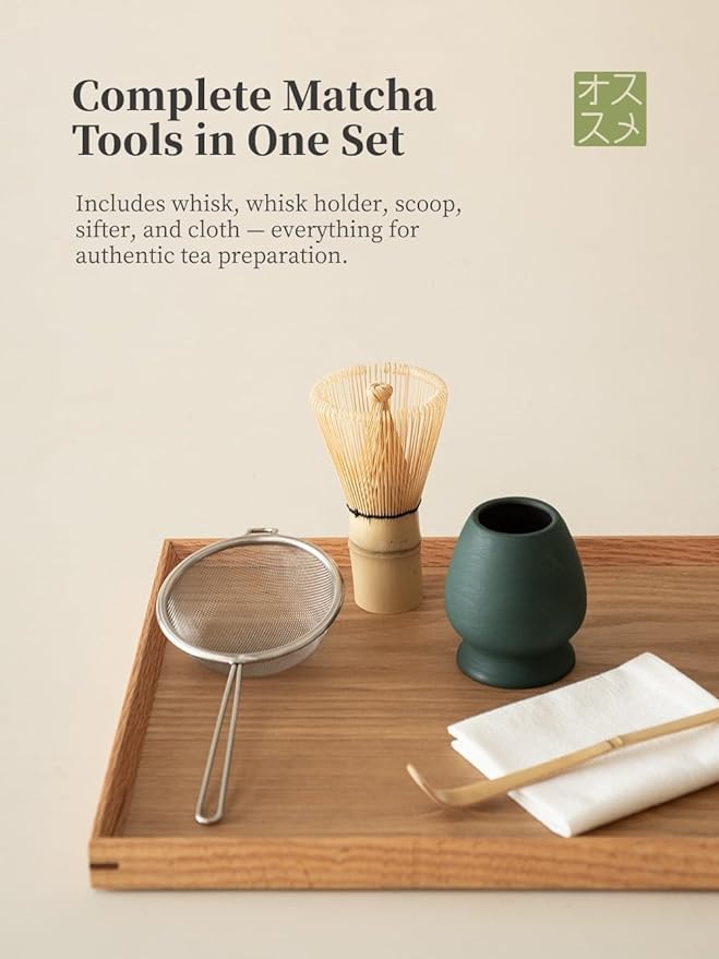 6-pcs Japanese Matcha Whisk Set, Handmade Ceramic Matcha Set with Bowl(Chawan),Bamboo Whisk(Chasen) and Holder, Scoop, Sifter & Tea Towel,Matcha Kit for Ceremony (Turquoise Green)