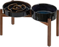 Havniva Ceramic 1.6 Cup Raised Slow Feeder Dog Bowl Set, Elevated 7.3inch Bowl and 8.2inch Dish with Acacia Wood Stand for Medium and Large Dog(Starry Sky)