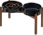 Havniva Ceramic 1.6 Cup Raised Slow Feeder Dog Bowl Set, Elevated 7.3inch Bowl and 8.2inch Dish with Acacia Wood Stand for Medium and Large Dog(Starry Sky)