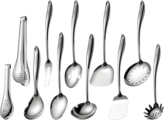 18/10 Stainless Steel Cooking Utensils Set, 11 PCS Long Large Metal Cooking Utensil Tools Set, Mirror Polished Kitchen Gadget Cookware and Kitchen Tool Set, Dishwasher Safe
