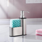 Kitchen Soap Dispenser with Sponge Holder, 12 oz Dish Soap Dispenser for Kitchen Sink Countertop, Stainless Steel Pump, Organizer Holder with Storage for Bathroom