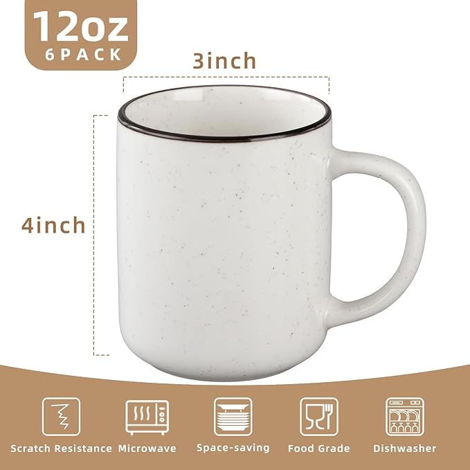Coffee Mugs Set of 6, 12 oz Coffee Cups Ceramic, Ceramic Coffee Mugs with Handle and Speckled Patterns for Latte Tea Cocoa Milk Cappuccino, Microwave & Dishwasher Safe