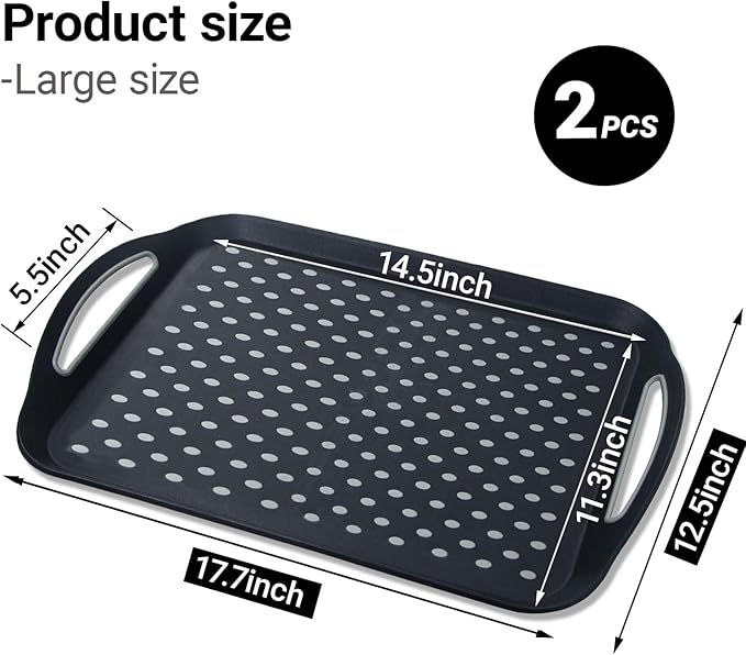 2PCS Large Non-Slip Serving Tray with Handles TV Lap Trays for Eating on Couch Food Serving Tray with Silicone Grippy Dots for Dinner Snack Fruit Dessert Breakfast (Black - 2pcs)