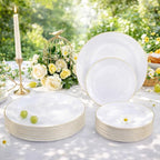 Festiva 176Pcs White and Gold Plastic Plates - White with Gold Rim Fall Dinnerware Set - 25Guest include Plates Cups Cutlery Napkins for Birthday Party&Wedding& Easter