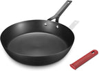 Carbon Steel Pan, 12 Inch Nonstick Frying Pan Skillet, Pre-Seasoned Carbon Steel Cookware with Removable Silicone Handle Holder, Indoor/Outdoor, Induction & Oven Safe