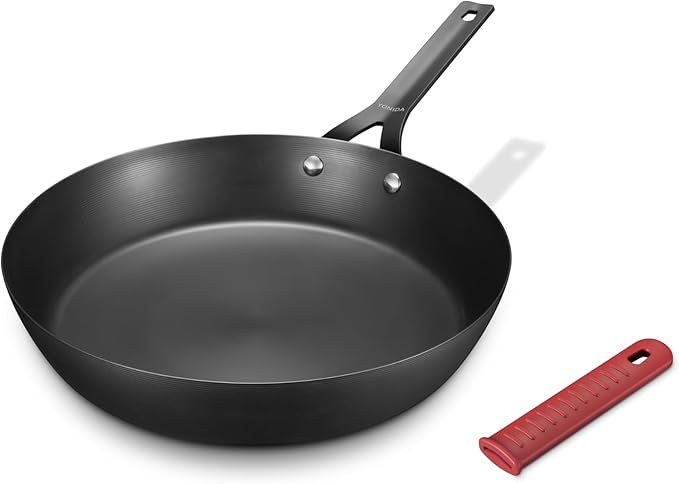 Carbon Steel Pan, 12 Inch Nonstick Frying Pan Skillet, Pre-Seasoned Carbon Steel Cookware with Removable Silicone Handle Holder, Indoor/Outdoor, Induction & Oven Safe