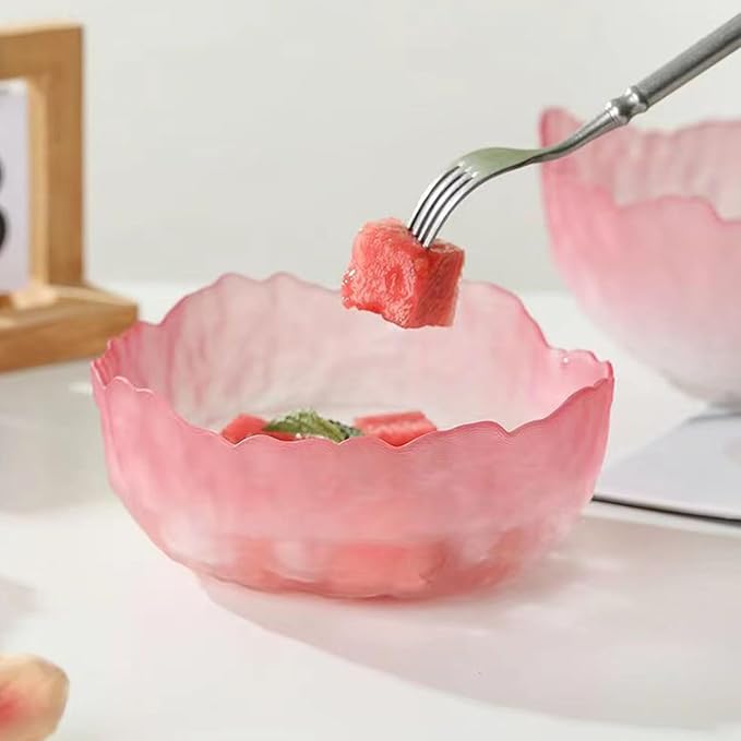 Glass Salad Bowl Irregular Lotus Flower Shape Serving Bowls, Mixing Nut Bowls for Kitchen Fruist, Snack, Dessert, and Ice Cream Candy Dishes (Crystal Gradient Pink, Medium)