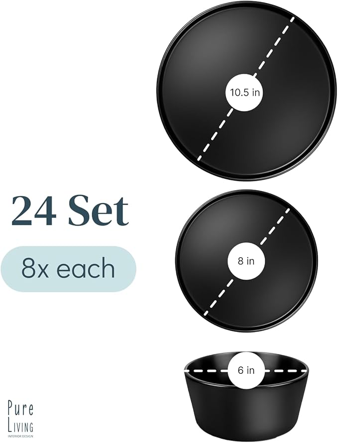 24 Piece Black Dinnerware Set for 8 | Matte Black Plates and Bowls Sets, Modern Stoneware Black Dishes Set | Scratch Resistant, Dishwasher & Microwave Safe | Matte Black Finish Ultra-Chic & Modern